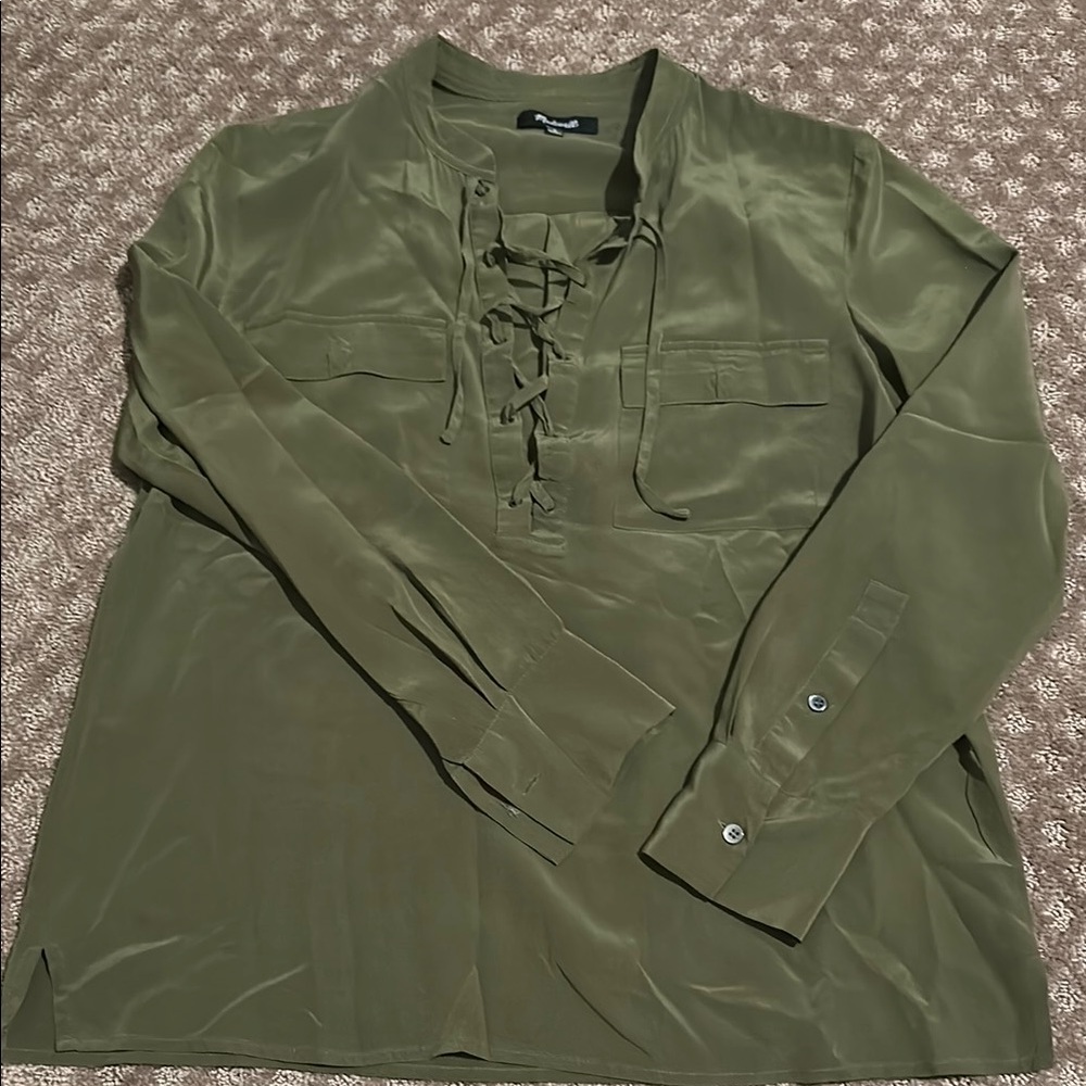 Madewell Silk Green Blouse with Lace-Up V-Neck and Long Sleeves